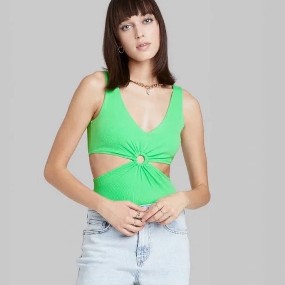 Side Cut Out Tank Bodysuit - Wild Fable Green